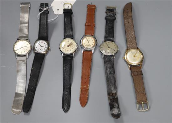 Six assorted gentlemans mainly steel wrist watches including Oris, Favre Leuba and one silver.